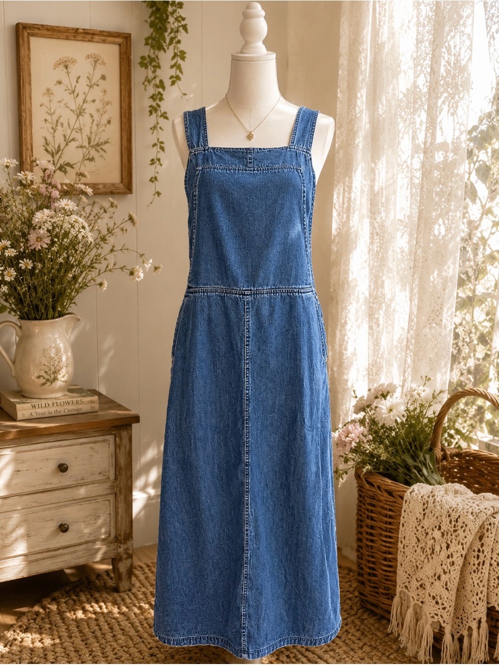 LARGE Vintage Cabin Creek Denim Overall Maxi Dress Jumper